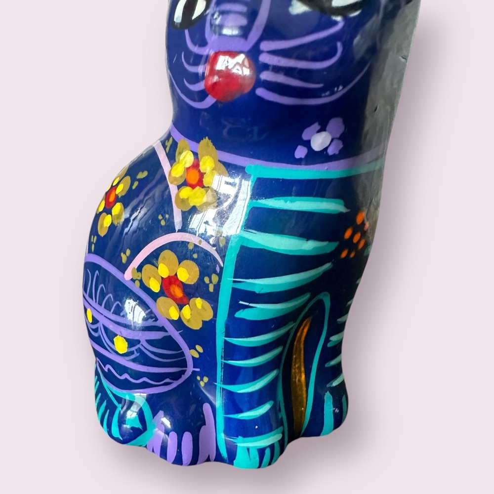 Vintage Hand Painted Ceramic Mexican Folk Art Talavera Cat Figurine With Flowers - Picture 4 of 13